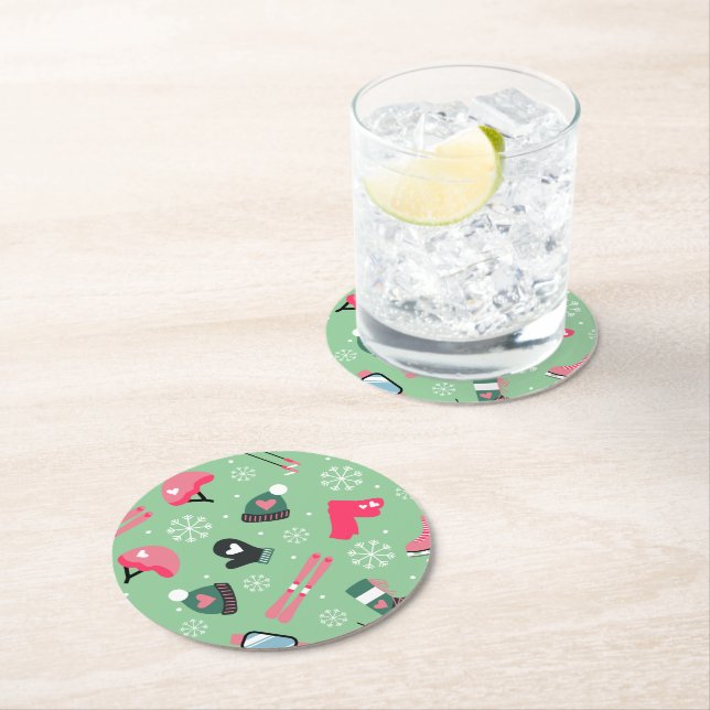 Cute Winter Holiday Sports Pattern  Underlägg Papper Rund (Insitu)