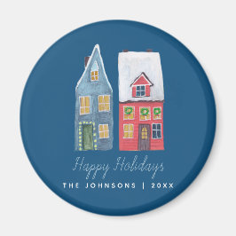 Cute Winter House Village Blue jul Magnet
