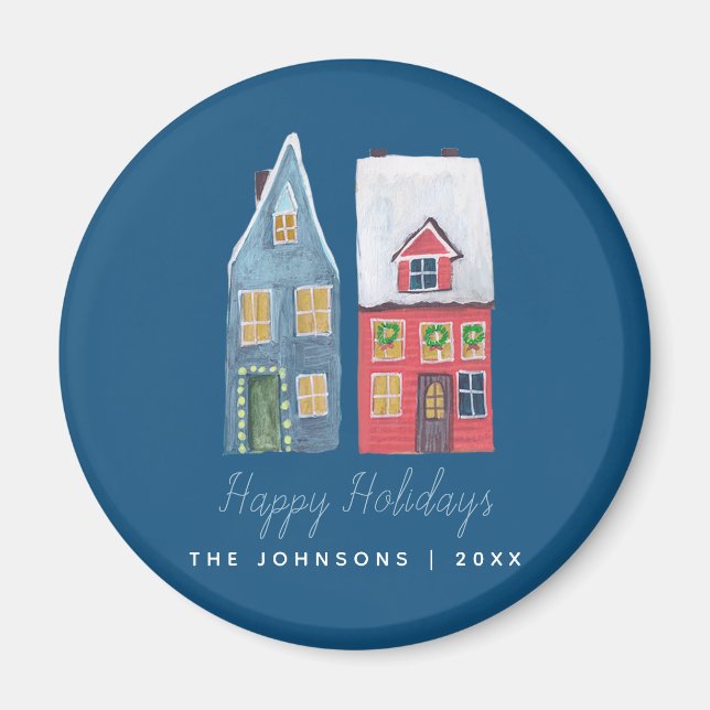 Cute Winter House Village Blue jul Magnet (Framsidan)