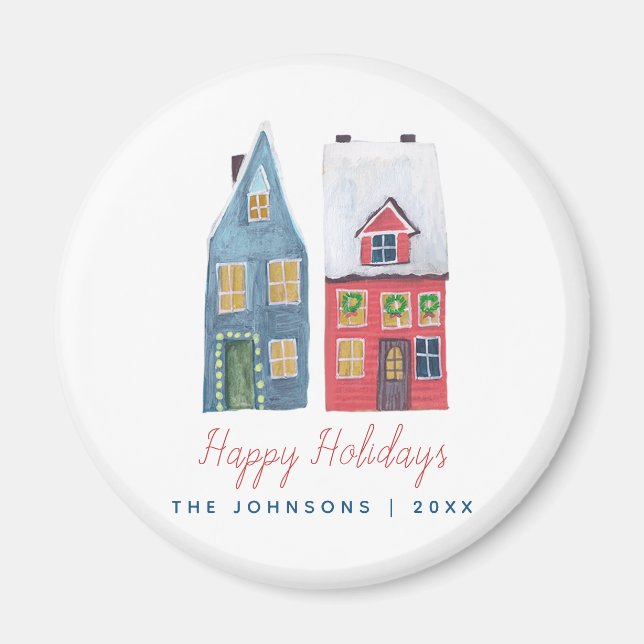 Cute Winter House Village Blue Red jul Magnet (Framsidan)