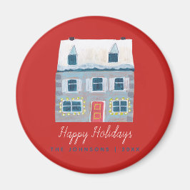 Cute Winter House Village Red jul Magnet