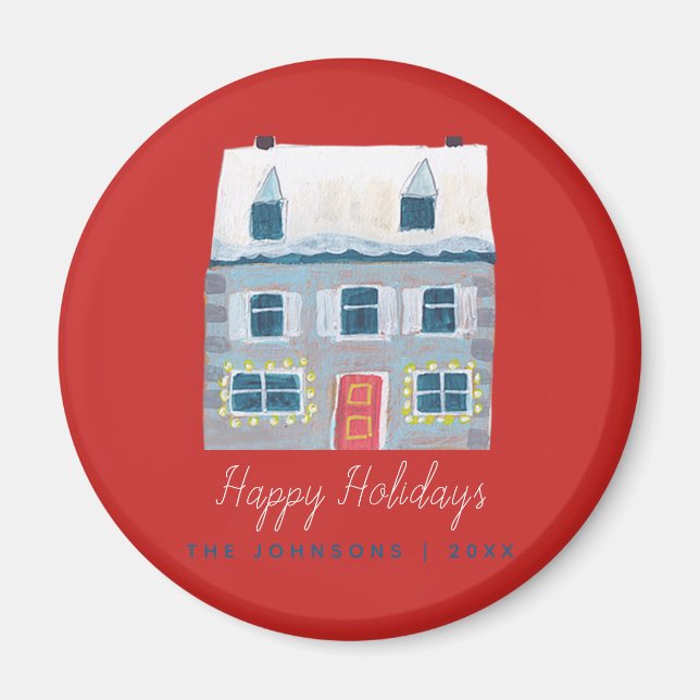 Cute Winter House Village Red jul Magnet (Framsidan)