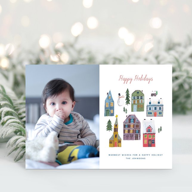 Cute Winter House Village Scene Foto jul Julkort (Cute Winter House Village Scene Photo Christmas Holiday Card)