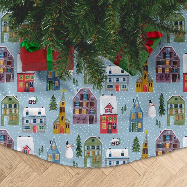 Cute Winter House Village Scene jul Mönster Julgransmatta Borstad Polyester (Cute Winter House Village Scene Christmas Pattern Brushed Polyester Tree Skirt)