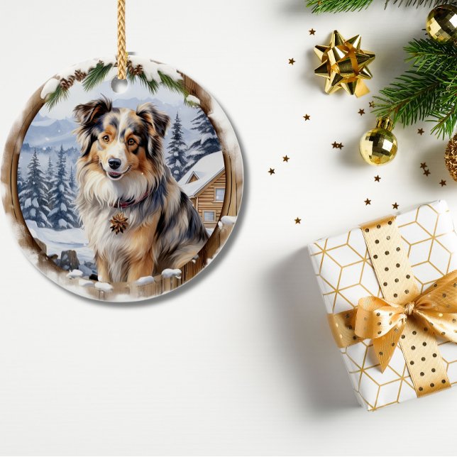 Cute Winter jul Australian shepherd Julgransprydnad Keramik (Cute Winter Christmas Australian Shepherd Ceramic Ornament )