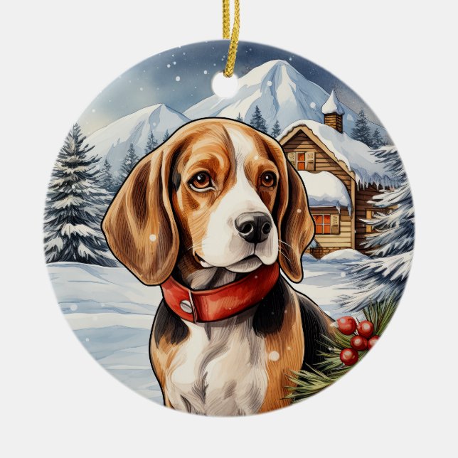 Cute Winter jul Beagle Julgransprydnad Keramik (Framsidan)