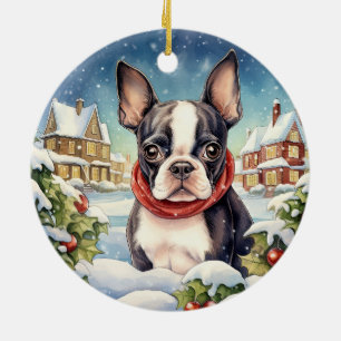 Cute Winter jul Boston Terrier Julgransprydnad Keramik