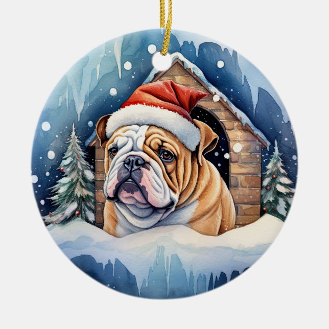 Cute Winter jul Bulldog Julgransprydnad Keramik (Framsidan)