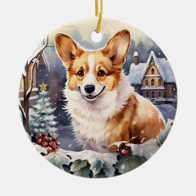 Cute Winter jul corgi Julgransprydnad Keramik (Framsidan)