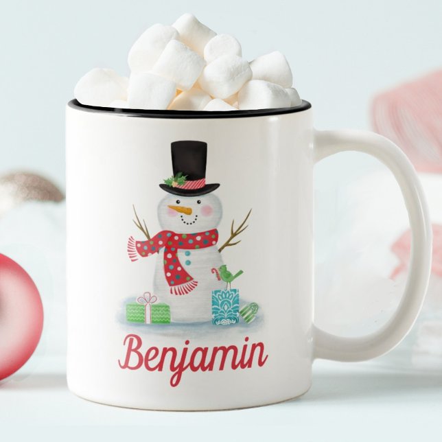 Cute Winter Lycklig Snögubbe Mugg (A cute Christmas snowman mug. Personalize it with your name.)