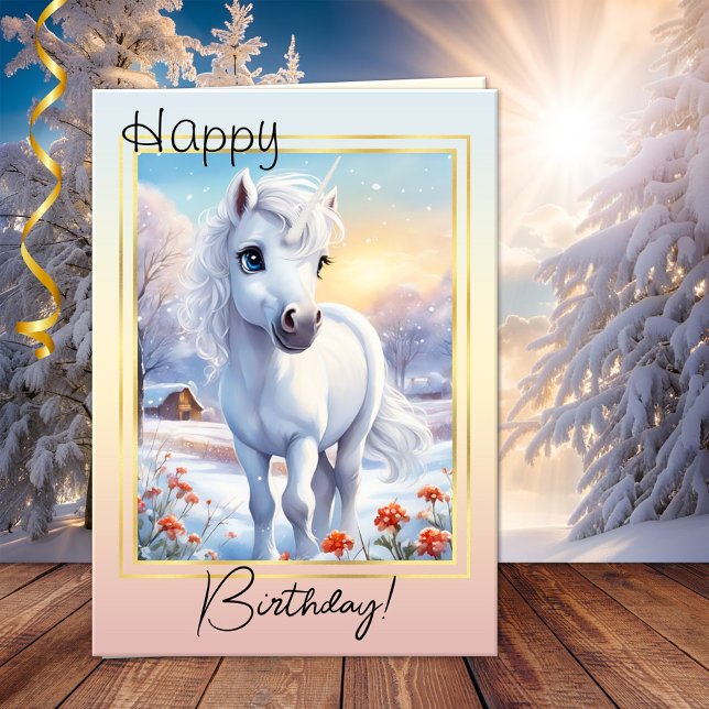 Cute Winter Magic Unicorn Photo Birthday Kort (Fun photo birthday greeting card featuring an image of an adorable unicorn in a winter landscape)