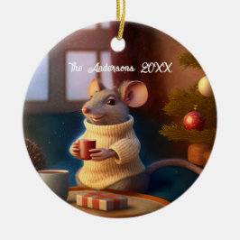 Cute Winter Mouse som dricker ett te Julgransprydnad Keramik