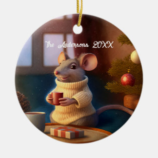 Cute Winter Mouse som dricker ett te Julgransprydnad Keramik
