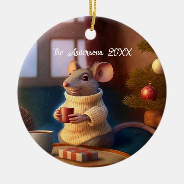 Cute Winter Mouse som dricker ett te Julgransprydnad Keramik (Framsidan)