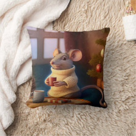 Cute Winter Mouse som dricker ett te Kudde