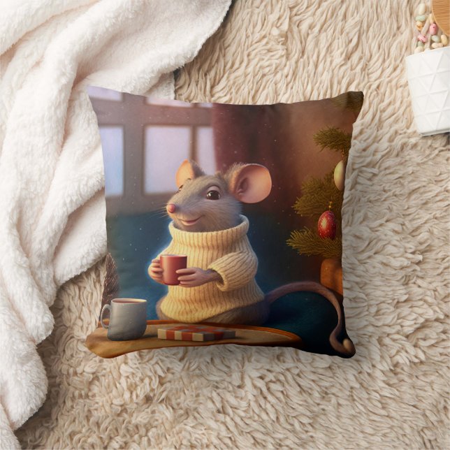 Cute Winter Mouse som dricker ett te Kudde (Filt)