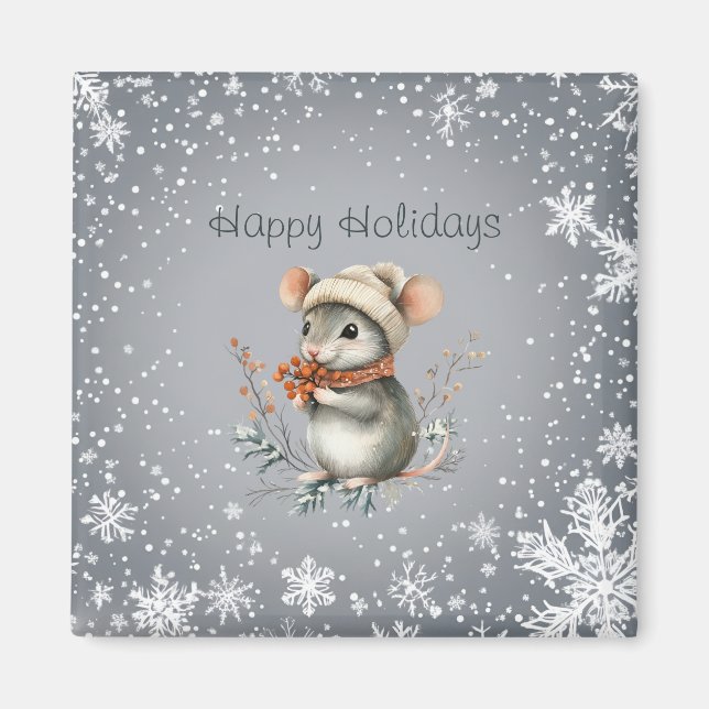 Cute Winter Mouse with Berries Magnet (Framsidan)
