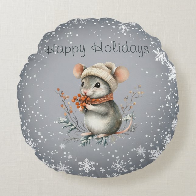 Cute Winter Mouse with Berries Rund Kudde (Framsidan)