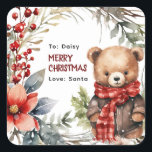 Cute Winter Nalle Kids julgåva Fyrkantigt Klistermärke<br><div class="desc">Klipp ut personligens presentklistermärken för att göra det lättare att märka presenter så lite under festsäsongen! Konstruktionen har en bra vinter-nalle med vinter-färg, som är varmt i en liten brun jacka och en röd buffel-kontrollerad scarf, festive foliage, snö övertäckning och en mall som är lätt att anpassa. Lägg bara till...</div>