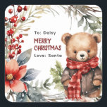 Cute Winter Nalle Kids julgåva Fyrkantigt Klistermärke<br><div class="desc">Klipp ut personligens presentklistermärken för att göra det lättare att märka presenter så lite under festsäsongen! Konstruktionen har en bra vinter-nalle med vinter-färg, som är varmt i en liten brun jacka och en röd buffel-kontrollerad scarf, festive foliage, snö övertäckning och en mall som är lätt att anpassa. Lägg bara till...</div>