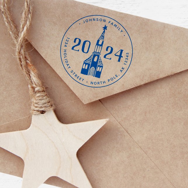 Cute Winter Nordic Village Church jul Självfärgande Stämpel (Cute Winter House Village Church Christmas Self-inking Stamp)