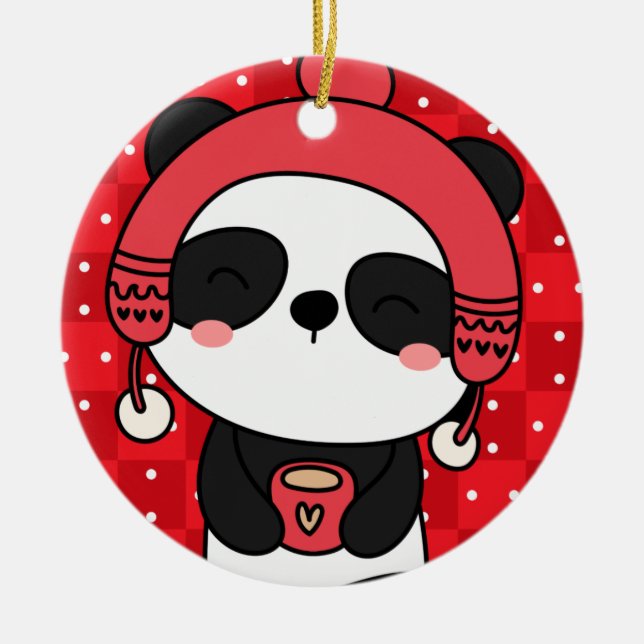Cute Winter Panda Hand plockade Julgransprydnad Keramik (Framsidan)
