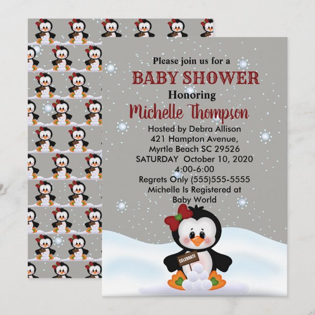 Cute Winter Penguin Baby Shower/Birthday Inbjudan (Fram/baksida)