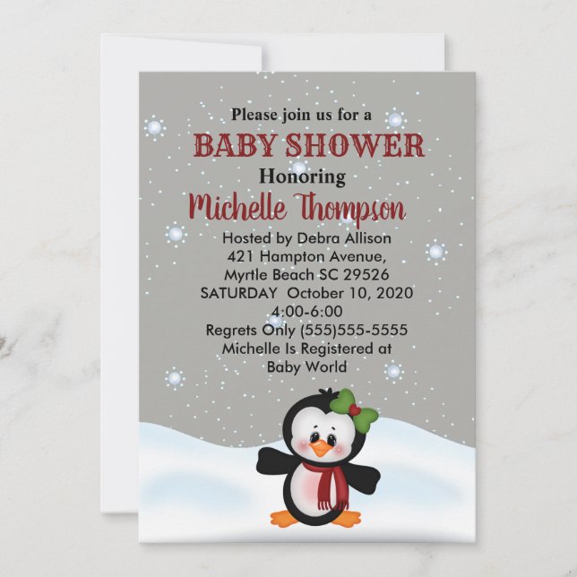 Cute Winter Penguin Baby Shower/Birthday Inbjudan (Framsida)