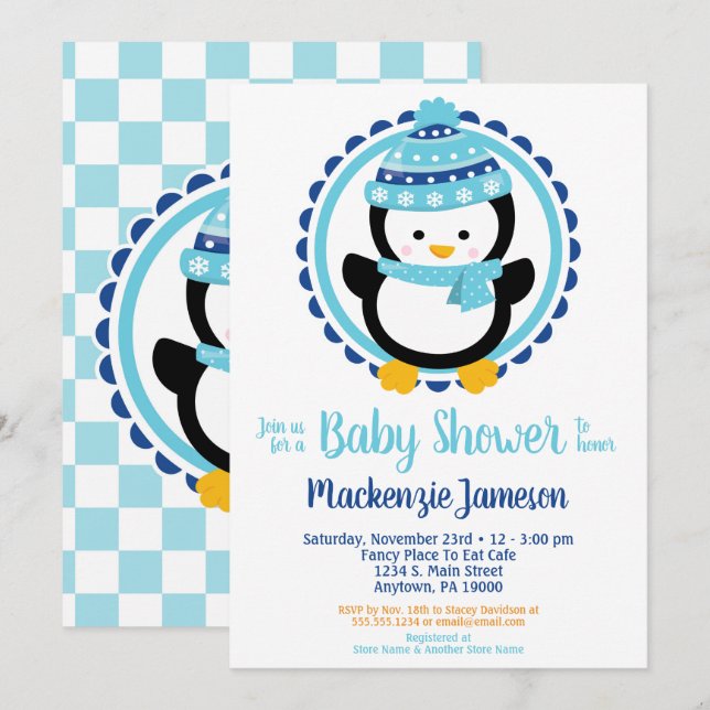 Cute Winter Penguin Baby Shower Inbjudningar (Fram/baksida)