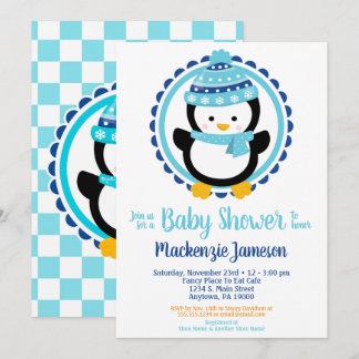Cute Winter Penguin Baby Shower Inbjudningar