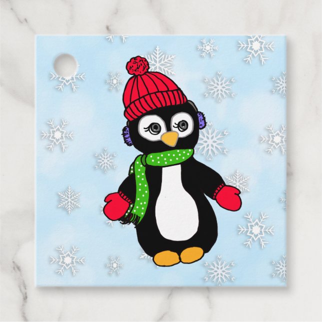 Cute Winter Penguin och Snöflingor Gåvor Etiketter (Framsida)