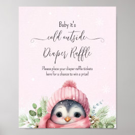 Cute Winter Penguin Rosa Girl Baby Shower Sign Poster