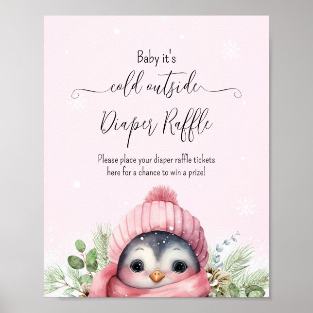 Cute Winter Penguin Rosa Girl Baby Shower Sign Poster (Framsidan)