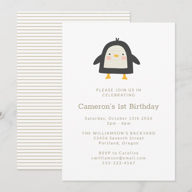Cute Winter Penguin Simple 1st Birthday Inbjudningar (Fram/baksida)