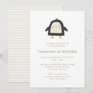 Cute Winter Penguin Simple 1st Birthday Inbjudningar