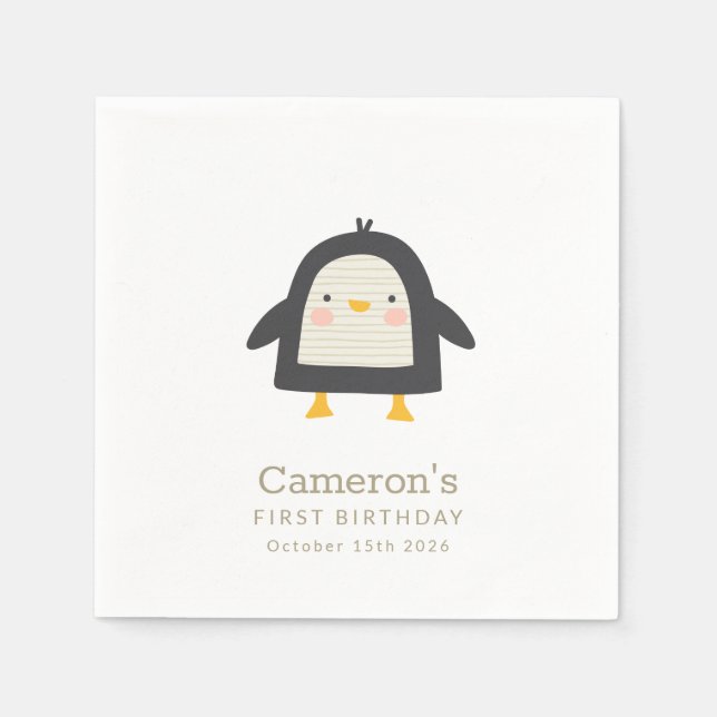 Cute Winter Penguin Simple 1st Birthday Pappersservett (Framsidan)