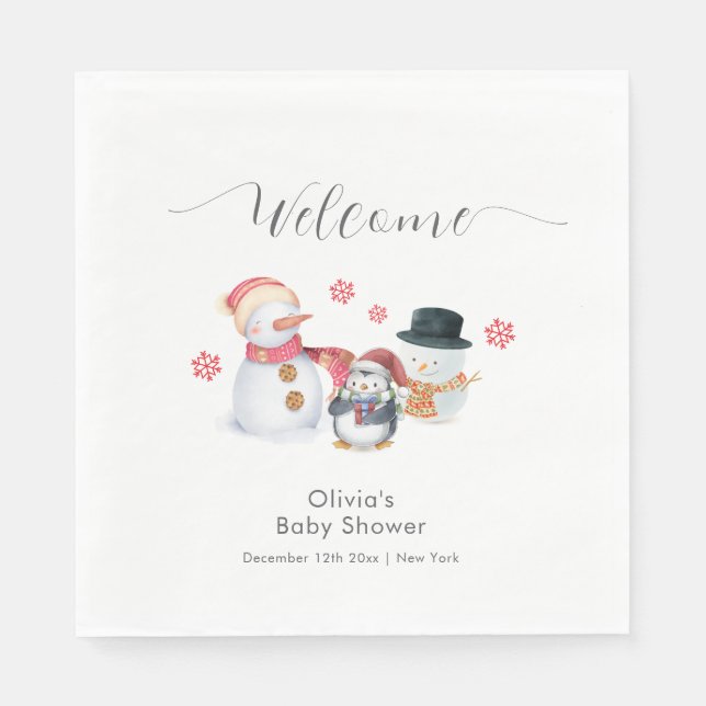Cute Winter Penguin Snowman Baby Shower Welcome  Pappersservett (Framsidan)