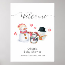 Cute Winter Penguin Snowman Baby Shower Welcome  Poster