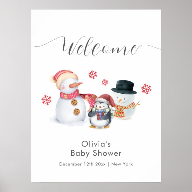 Cute Winter Penguin Snowman Baby Shower Welcome  Poster (Framsidan)