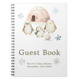 Cute Winter Penguins Baby Shower Guest Book Anteckningsbok