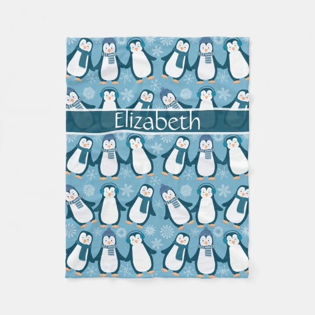 Cute Winter Penguins design Lägg till Namn Fleecefilt (Framsidan)