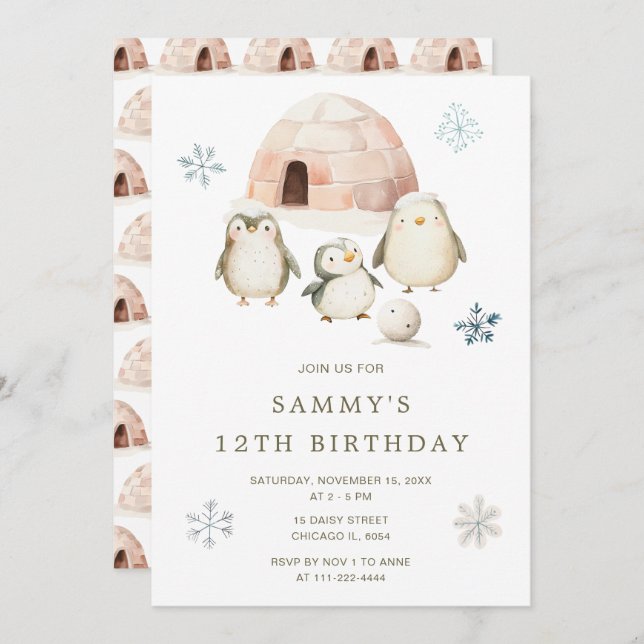 Cute Winter Penguins Födelsedagsfest Inbjudningar (Fram/baksida)