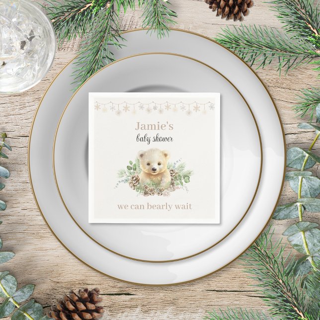 Cute Winter Polar Bear Gender Neutral Baby Shower Pappersservett (cute creamy white beige polar bear winter baby shower cocktail napkins personalized christmas theme)