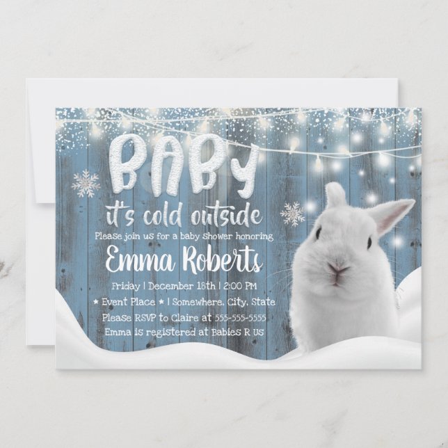Cute Winter Rabbit Dusty Blue Barn Baby Shower Inbjudningar (Framsida)