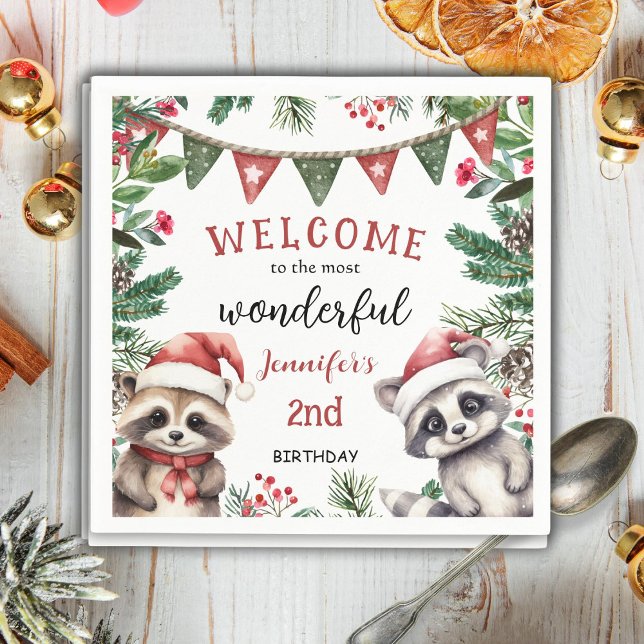 Cute Winter Raccoon jul 2:a födelsedagen Napkin Pappersservett (Skapare uppladdad)
