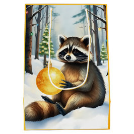 Cute Winter Raccoon with Gold Ornament Christmas