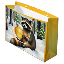 Cute Winter Raccoon with Gold Ornament Christmas
