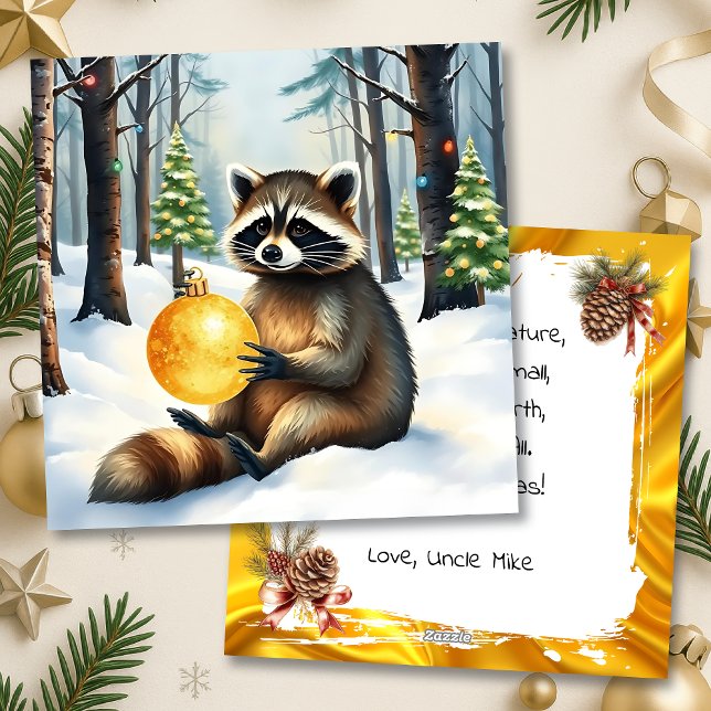 Cute Winter Raccoon with Gold Ornament Christmas Julkort (Skapare uppladdad)