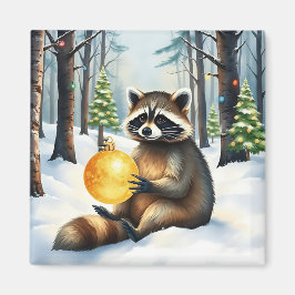 Cute Winter Raccoon with Gold Ornament Christmas Magnet