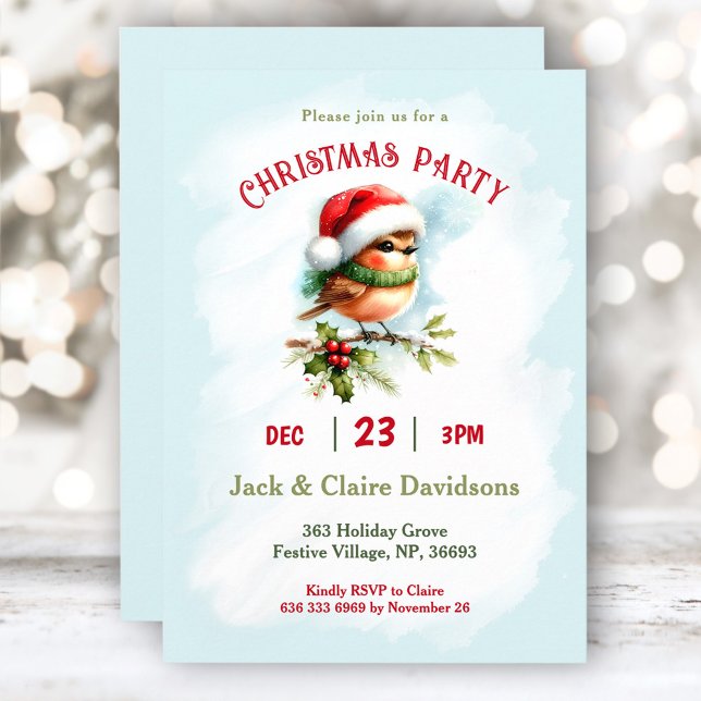 Cute Winter Robin Bird Santa Hat jul Party Inbjudningar (Cute Winter Robin Bird Santa Hat Christmas Party Invitation)